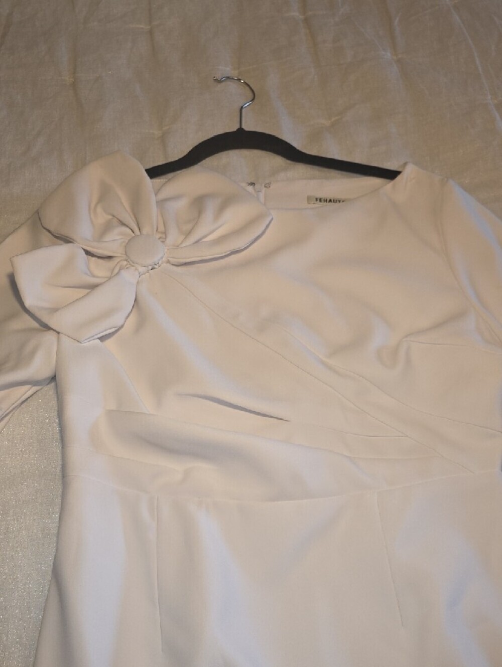 Fehaute Refined White Long-Sleeve Sheath Dress with Floral Shoulder Accent 8 - Picture 7 of 13